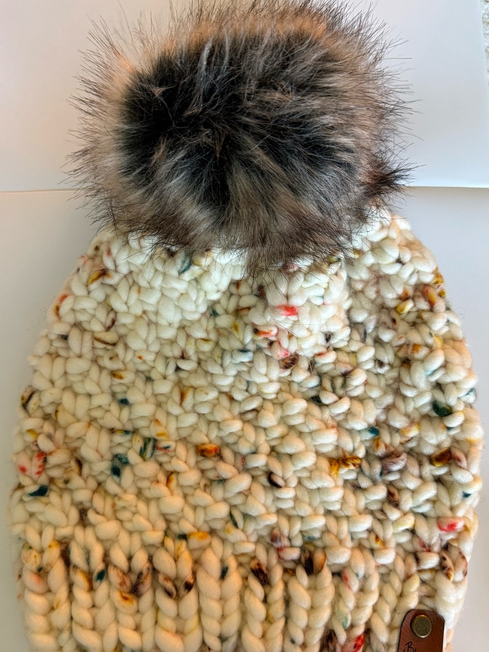 Handmade Cream Speckled Knit Pom Beanie with Faux-Fur Pom